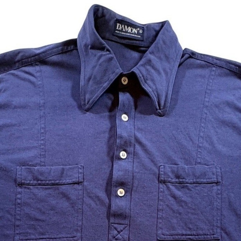 Damon Vintage 70s Polo Shirt Mens XL Navy Blue Knit Dagger Collar Retro Pocket